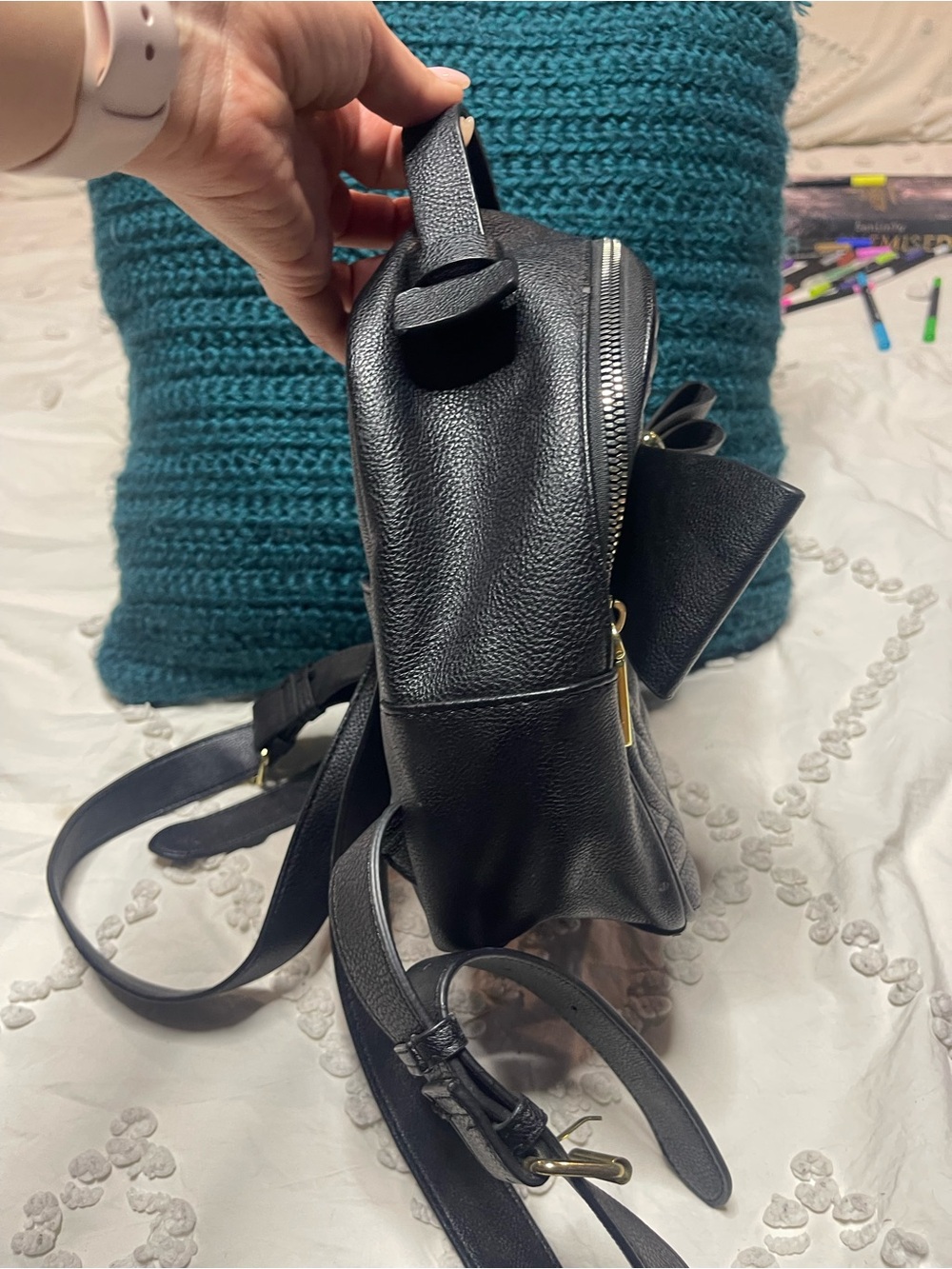 Betsey Johnson Black Quilted Heart Bow Mini Backpack Purse - Picture 13 of 14